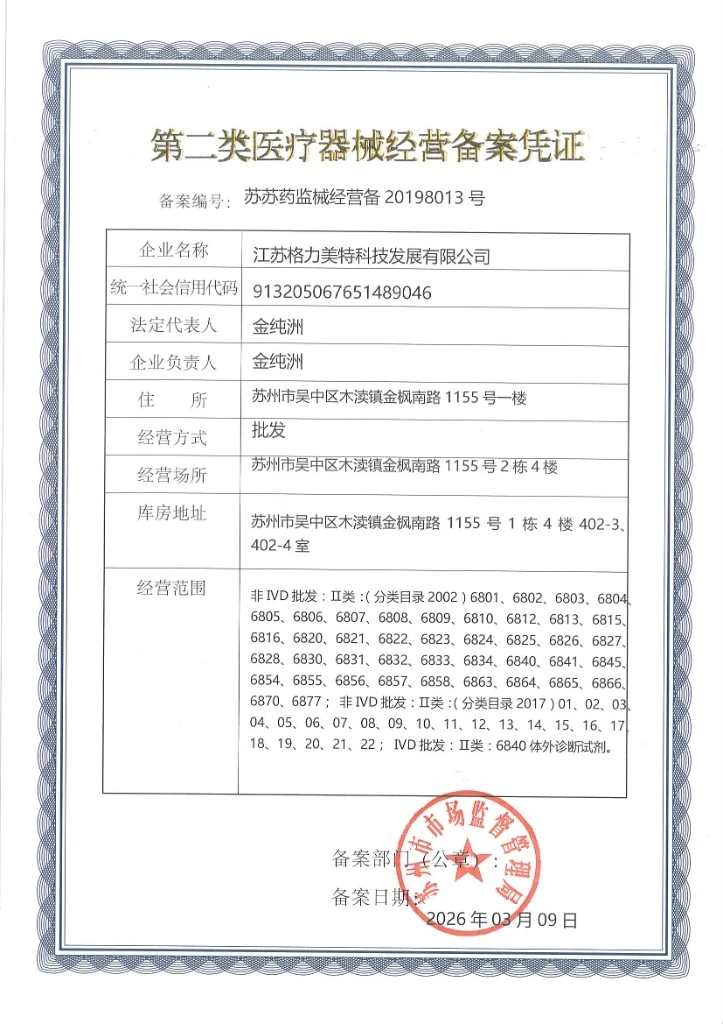 Medical Device Business Filing Certificate